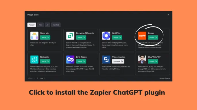 Click Install on the Zapier tile in the modal