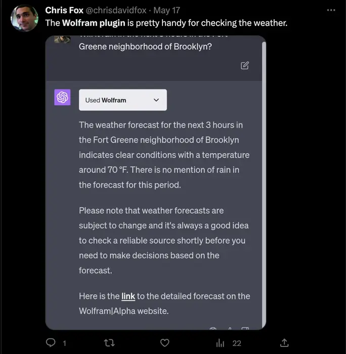 Review of Wolfram plugin in checking the weather