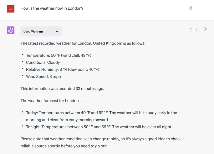 Wolfram plugin can provide real-time weather